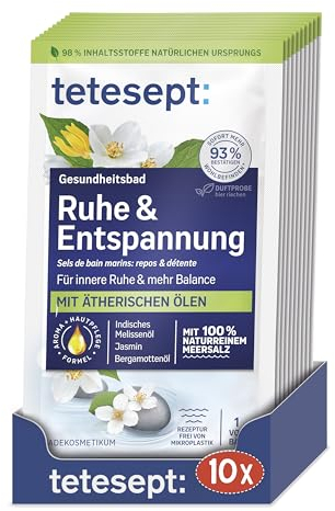 tetesept Meersalz Ruhe & Entspannung – Gesundheitsbad für ein Gefühl innerer Ruhe mit ätherischen Ölen – Wohltuender Badezusatz mit natürlichem Meeressalz – 10 x 80 g