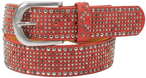 Damengürtel mit Nieten, Strass-Nieten-Besatz, Synthetikgürtel im Vintage-Style, Breite ca. 3,8 cm (Rot; BW90cm - Gesamtlänge 105cm)