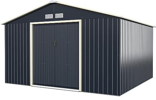 RELAX4LIFE Gerätehaus Metall, Geräteschuppen mit 2 Schiebetüren & 4 Lüftungsfenstern, Gartenhaus Satteldach, Garten Schuppen Outdoor, Grau (Erweitert-340x319x210 cm)