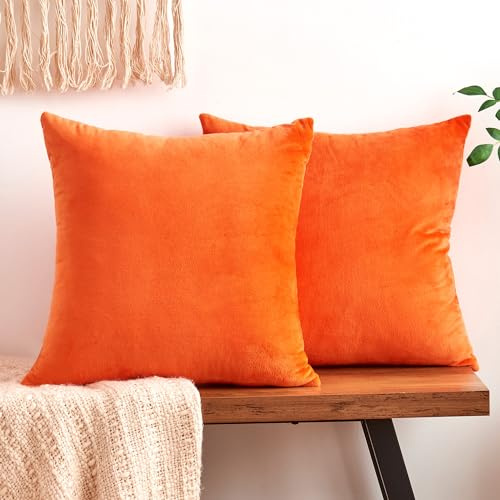 GriNeed Fall Orange Throw Pillow Covers Decorative Velvet Set of 2 16x16 Inch Pillow Covers Soft Burnt Orange Pillowcases for Couch Sofa Bed Living Room, Farmhouse Boho Decor, Accent Cushion Covers