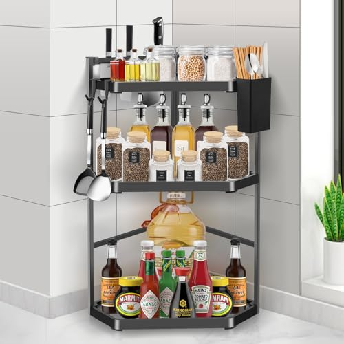 MaxEarn Kitchen Spice Rack, 3-Tier Corner Spice Shelf, 40×29×60cm Standing Desktop Organiser, Stainless Steel & Plastic Corner Storage Shelf, With Knife Holder and 2 Hooks for Kitchen, Office, Black