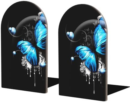 Lot de 2 serre-livres en bois imprimés papillons bleus pour les amateurs de livres et les organisateurs