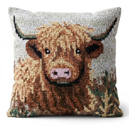 CCWROAN Highland Cow Cushion Covers Craft Kits Animal Latch Hook Kits for | Adults Beginners Making Crochet Pre Printed Canvas Wool Yarn Hobbies Diy Sofa Home Decor Women Gift 6