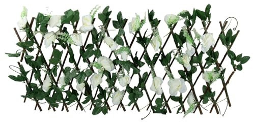 BBTISG Brise-vue extensible - Clôture artificielle avec fleurs - Panneaux de treillis extensibles pour jardin, balcon et extérieur - Blanc