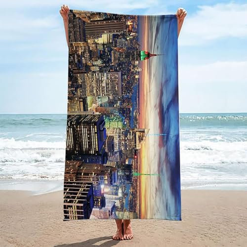 Strandtuch New York, Mikrofaser Strandtuch Stadt Nachtansicht Handtuch Groß 100x200 cm Badetuch Strandhandtuch Schnell Trocknendes Sandfreies Weiches Saunatuch, reisehandtuch, Badehandtuch A616