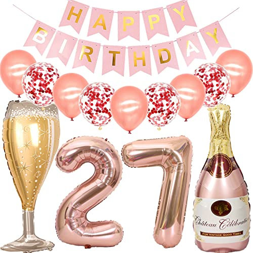 Feelairy Luftballon 27. Geburtstag Deko Frau, Rosegold Folienballon Weinflasche Sektflasche Helium Ballon Champagner Flasche, Girlande Happy Birthday Deko für Geburtstagsdeko 27 Jahre Frauen