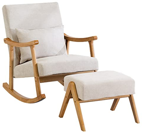 GLOBEXSS Schaukelstuhl aus massivem Holz im Mid-Century-Stil mit Ottomane, Sitzfläche mit Stoffpolsterung, moderner Wohnzimmerstuhl, bequemer Stillstuhl für Mama