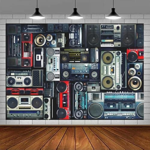 Fotografie-Hintergrund von Radio Boombox Retro 80er Jahre Stil Hintergrund altmodischen Verstärker Musik antiken o Bass Lautsprecher 350x240CM