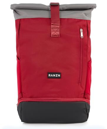 RANZN® – Barcelona – Premium Damen & Herren Rolltop Rucksack, Wasserabweisend, mit Schuhfach und flexiblem Yoga-Stauraum, Tagesrucksack mit Laptopfach, Rot