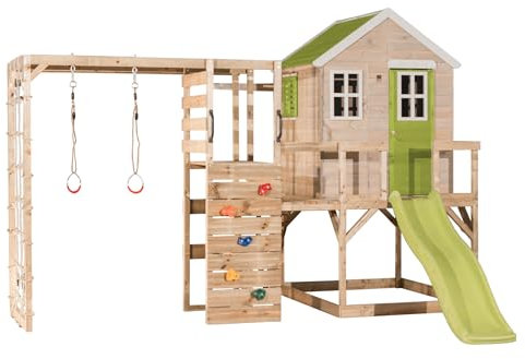 Wendi Toys M22-G Spielhaus aus Holz mit Rutsche, Kletterwand, Stelzenhaus Garten Outdoor Kinder 342×356×242 cm, mit Leiter, Plattform, langlebig