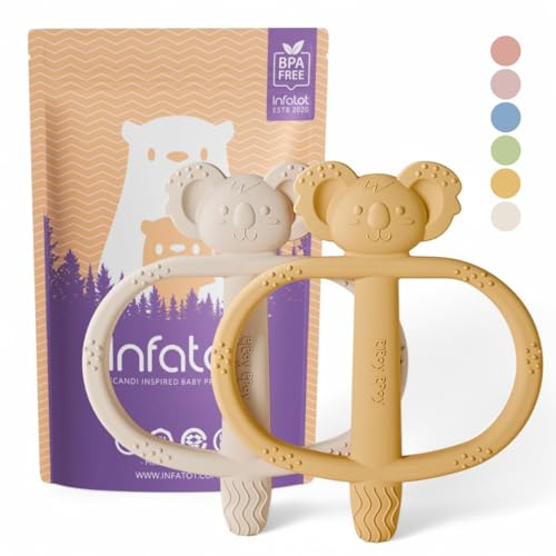 Infatot® Beißspielzeug für Babys von 0–6 Monaten, 2er-Pack – Koda Koala Bitey – Kauspielzeug aus Silikon, sicherer BPA-freier Beißring, sensorisches Spielzeug - Gelb & Crème