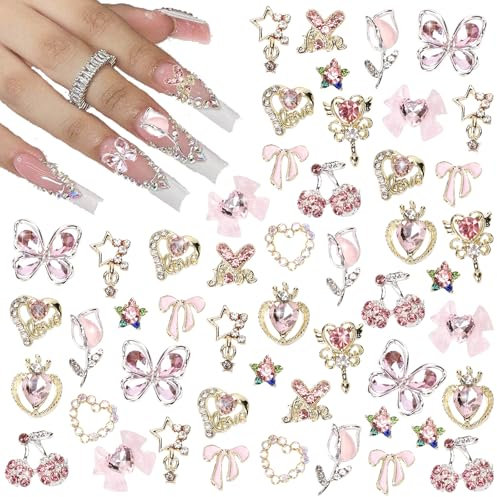 LunarCharm 24 pieces nail charms, Y2k alloy, nail art, rhinestone charms, 3D heart, star, bow with rhinestones, cherry nail gemstones, nail decorations