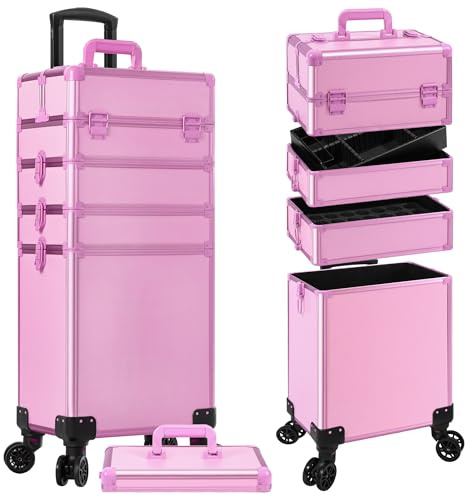 JINGUAN Profesional Rolling Makeup Train Case with Lid, 5 in 1 Cosmetology Case on Wheels, Large Cosmetic Trolley Organizer Travel for Hairstylist Artist Nail Beauty Salon Barber, Pink, 5 in 1