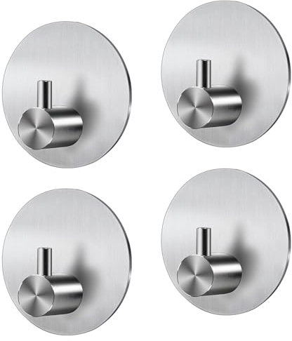 JS Self Adhesive Hooks 4 Pack, Towel Hooks for Bathroom,Stainless Steel Hooks for Hanging,Silver Sticky Hooks Extra Strong,Wall Hooks Stick on Kitchen,No Drilling Shower Bathroom Hooks