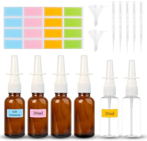 NVGVUP 6 Stück Nasenspray Flasche Leer, 30ml Nasendusche Sprühflasche Glas Nachfüllbar, Wiederverwendbar Fein Sprühflaschen mit Trichter Pipetten Etiketten, für Kochsalzlösung Parfüm ätherische Öle