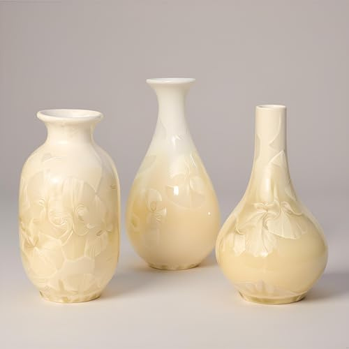 Artisoul Keramik Vasen 3er-Set Kleine Blumenvasen für Dekor Home Decor, Dekorative für Getrocknete Blumen, Wohnzimmer, Idee Regal,Tisch, Bücherregal,Mantel (Hellgelb)
