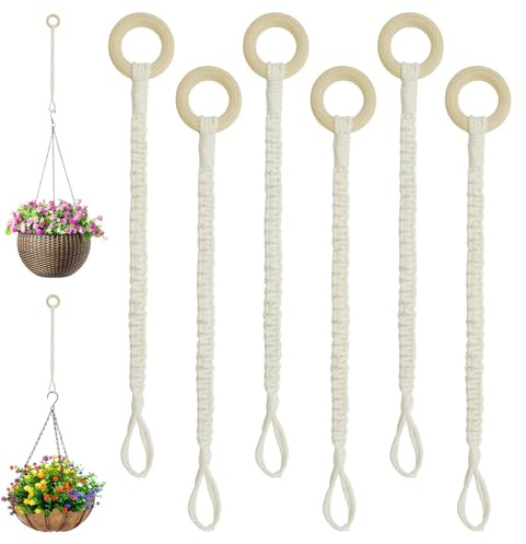 6 Pcs Rope Plant Hanger Extender with Wooden, Adjustable Ringchain for Hanging Plants Supplies, Handmade Practical Items Ideal for Indoor & Outdoor Decorations Supplies