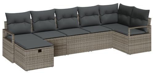 vidaXL 7-teiliges Gartensofa-Set mit Kissen in Grau aus Poly Rattan – Wetterfestes, gemütliches Lounge-Möbel für Terrasse und Garten.