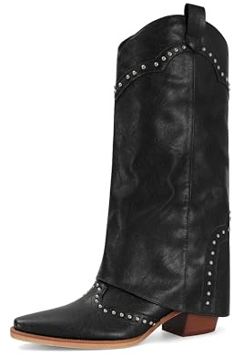 MAIJED Women's Shark Boots Studded Fold Over Mid Calf Chunky Heel Boots Cowboy Cowgirl Slouchy Pull On Boots Black Size US8.5