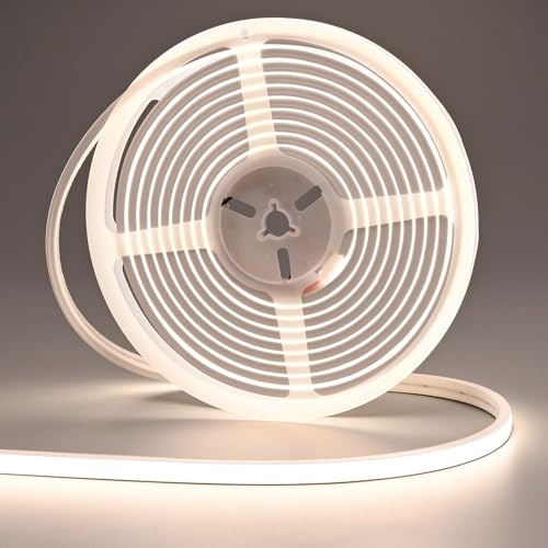 FOSUO 24V Neon LED Streifen 5M 4000K Naturweiß 1400LM/M CRI>92 | Silikon IP67 Wasserdicht Sehr Hell 15W/M 480LEDs/M 10mm Selbstklebend Schneidbar für Innen Außen DIY Deko(ohne Adapter)