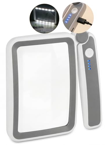 Soleado 3X Loupe de Lecture Rectangulaire avec Lumière LED Rechargeable - Loupe Grossissante en Verre Anti-Rayures pour Malvoyants et Seniors, Manche Pliable pour Livres et Journaux