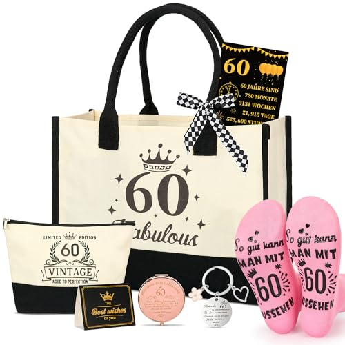 60. Geburtstag Geschenk für Frauen – 8-teiliges Vintage Canvas Geschenkset mit Tote Bag, Kosmetiktasche, Grußkarte & Schlüsselanhänger Mama, Schwester oder Freundin