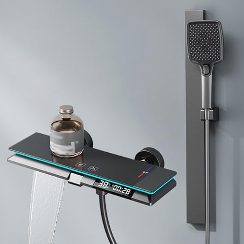 XJTNLB Armatur Badewanne Wasserfall Thermostat Duscharmatur Badewannenarmatur Wasserfall Led Pistolengrau mit Brause Verstellbar