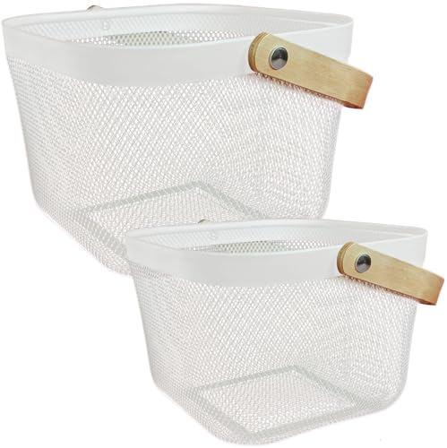 ideoon Elegante Metall Drahtkörbe Weiss mit Holzgriff: 2er-Set Dekokörbe für Küche & Bad – Praktisch & Dekorativ