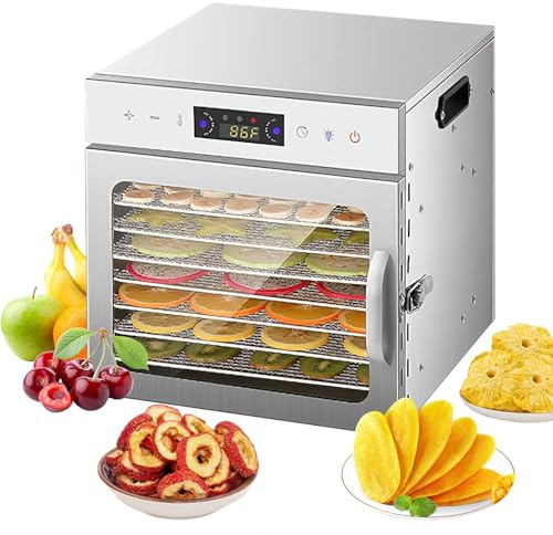 Deshidratador de alimentos de acero inoxidable, 8 bandejas, temporizador 24h, temperatura ajustable 35-95 °C, pantalla LCD, para frutas, carnes, verduras (8 bandejas)