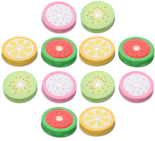 Cabilock Mason Jar Lids Excellent Sealing Effect Tinplate Reusable 20pcs and Fruit Pattern with Straw Holes round Shape Covers for Canning Jars and Containers for Kitchen Use