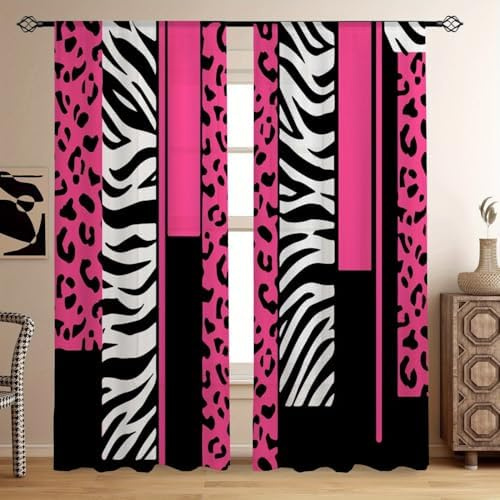 Leopard Zebra Thermal Isoliert Vorhänge, B140 cm x L160 cm x 2 Stück, Schwarz und Rosa Tier Fenster Vorhang für Heim, Wohnzimmer Dekor Panorama Muster Licht Blockierung Vorhänge für Innenbereich