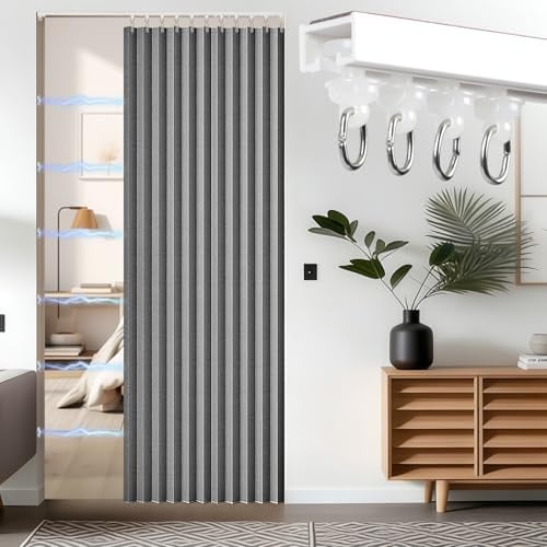 XLSBZ Blackout Magnetic Door Curtain with Rod, Folding Door Curtains Sliding Room Divider Curtain for Bedroom Closet,55x78 (Grey)