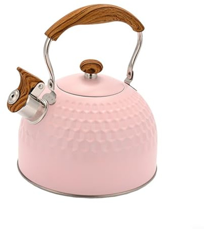 Pink Whistling Tea Kettle, For Stove Top 2.5 Quart Stainless Steel Teapot, With Wood Pattern Folding Handle Loud Boil, For Induction Gas Electric Cooktops