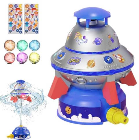 UFO Water Sprinkler for Kids, 360° Rotating Water Rocket Toy Outdoor Summer Play With Light & Stickers, Adjustable Height Water Launche, Summer Fun Water Sprinkler Outdoor Yard Toy for Kids (Blue)