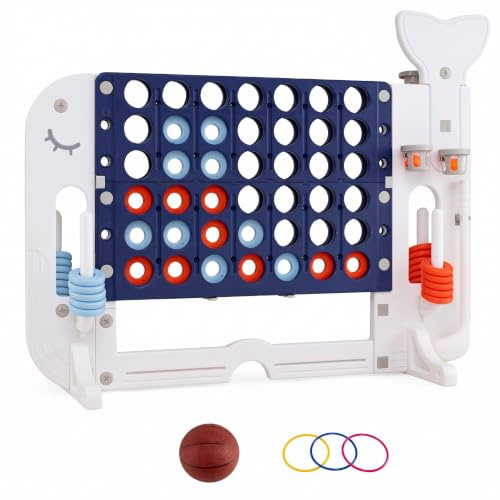 GOPLUS 4 en 1 Jeux Puissance 4 Géant Enfants avec Panier Basket, Lancer d'Anneaux et Golf, Jeu de Société à Hauteur Réglable avec 2 Porte-gobelets, Jouet 4 en Ligne Intérieur Extérieur (Marine)