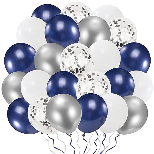 Luftballons Blau Silber Weiß, 50 Stück 12 Zoll Silber Metallic Luftballons, Helium Ballons, Latex Ballons, Konfetti Luftballons für Kinder Junge Geburtstag Babyparty Hochzeit Party Deko
