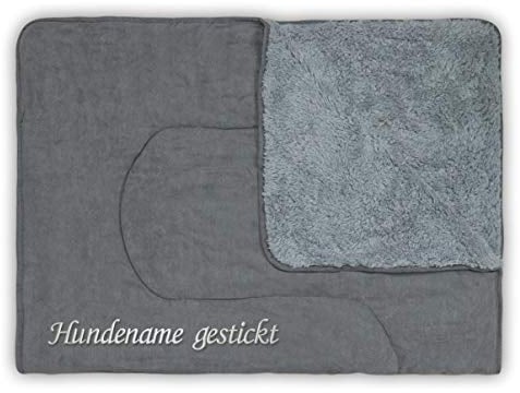 Direkt-Stick.de Hundedecke mit Namen Bestickt, personalisierbare Heimtierdecke für Hunde und Katzen, 4 Farben, weiche Wendedecke, Liegedecke Teddyfell (grau)