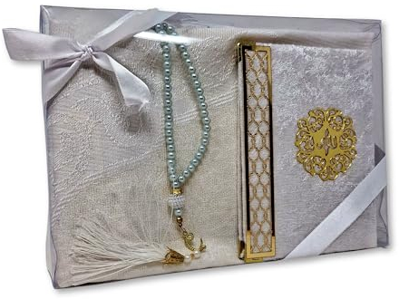 Islamisches Geschenkset (Koranheft, Gebetskette Tasbeeh + Gebetsteppich) Namaz Orientalischer muslimischer Teppich Janamaz Sajadah, ideales Hajj Umrah Ramadan Eid Hochzeit Niqah Geschenk (weiß)