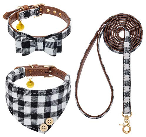 EXPAWLORER Bow Tie Dog Collar and Leash Set Classic Plaid Adjustable Dogs Bandana and Collars with Bell for Puppy Cats 3 PCS