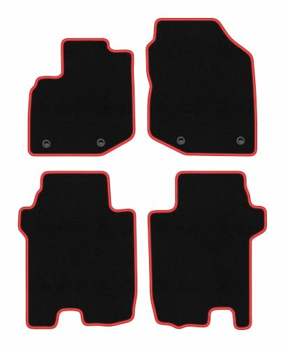 Velours-Fußmatten passend für Honda Jazz III 2011-2014, Schwarz-Rot, CARLUX | passend für Schrägheck; Velours-Teppich (Polypropylen), ca. 6,5 mm; rutschfest, ovale Befestigungen (Typ HND)