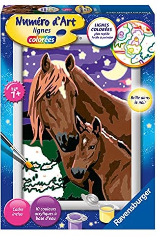 Ravensburger Numéro d’Art Petit Format Chevaux à la Nuit tombée Loisir créatif Kit de Peinture par numéros avec Peinture phosphorescente Activité détente et créative Dès 7 Ans 29045 Version française