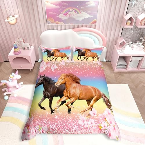 Mädchen Pferd Bettwäsche 140 x 200 cm Pferde Rosa Floral Bettbezug Galloping Farmhorse Bllossom Flower Bettbezug Set Wild Animal Cherry Blossom Glitter Mädchen Schlafzimmer