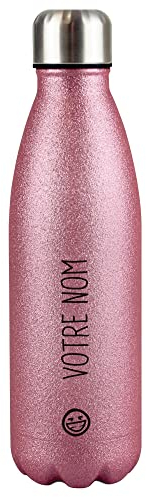 Bouteille d'eau à paillettes en acier inoxydable personnalisable avec le nom et le symbole Smiley – Bouteille isotherme à paillettes sans BPA pour voyage et sport I Cadeau personnalisé – Rose 500 ml