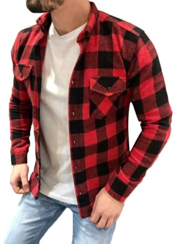 shownicer Chemises Homme en Flanelle Chemises Casual à Carreaux Manches Longues Chemise Chaude de Bucheron Regular Fit Rouge S