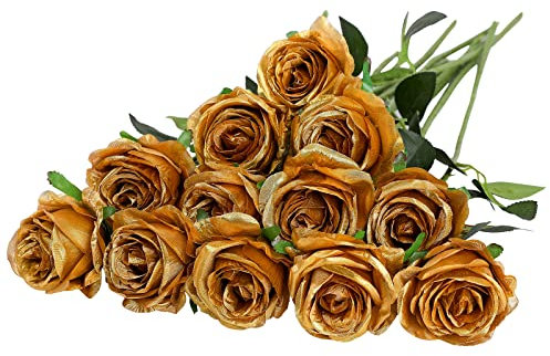 Hawesome 12PCS Artificial Roses Fake Flowers Single Long Stem Blooms with Rose Buds Wedding Decoration Bridal Bouquet Decorative Flower Arrangement Home Decoration Party Centerpieces in (Gold)