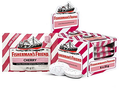 Fisherman's Friend Cherry, Exklusive 8er Box, Kirsche und Menthol Geschmack, zuckerfrei & vegan, Bonbons für frischen Atem, 8 x 25g