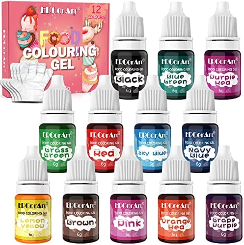 12 Colours Gel Food Colouring - Icing Gel Colours Set with Gloves, Food Colouring for Cake Decorating, Baking, Macarons, Buttercream, Easter Eggs and DIY Crafts -Vegan, Non Gluten (6 g Each)