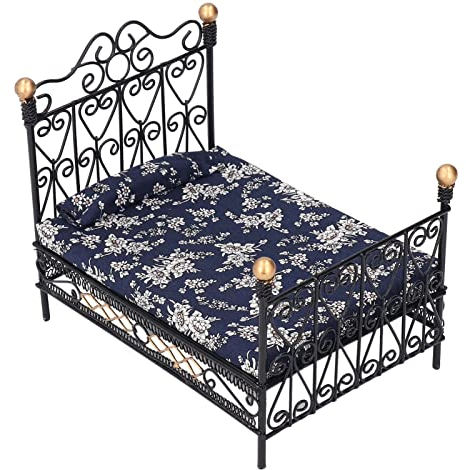 Puppenhausmöbel, Doppelbett 1:12, Miniatur-Puppenhaus-Zubehör, Simulation, Lebensszene, Wohnzimmermöbel, Spielzeug Geeignet für Bjd, Puppenhausdekoration Prinzessin Bett Eisen Puppenhaus Doppelbett