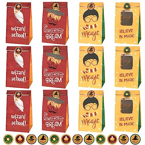 Sacs Cadeaux Magic Wizard - Pochette Cadeau 12 Pièces avec 2 Autocollants Mignons pour Anniversaire Enfant, Fêtes, Noël - Sachet Bonbons