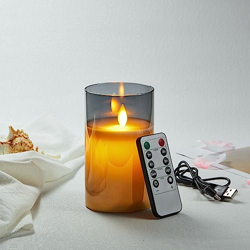 Koelaa Grau Glas Flammenlose Kerzen, Aufladbare LED Kerzen, Wiederaufladbare LED Kerzen, Flammenlose Kerze mit Fernbedienung und Timer, für Hochzeit Festival Weihnachten Home Decor-7.5 * 12.5cm